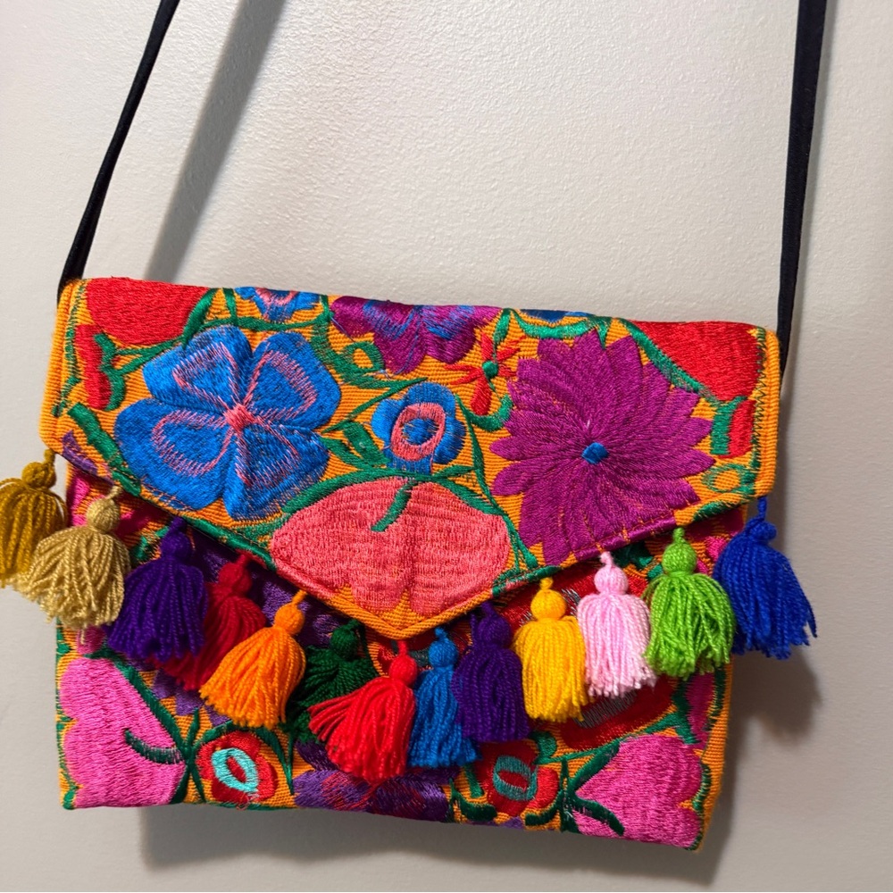 Vibrant Colorful Women’s Embroidered Floral Tassel Crossbody Bag Handmade Mexico